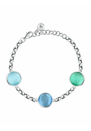 Braccialetto a catena in argento con tre pietre rotonde e levigate nei colori azzurro chiaro, blu e verde, dotato di chiusura a moschettone e piccolo pendente con logo.