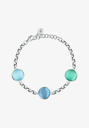 Silbernes Kettenarmband mit drei runden, polierten Steinen in Hellblau, Blau und Grün, ausgestattet mit einem Karabinerverschluss und einem kleinen Logotag.