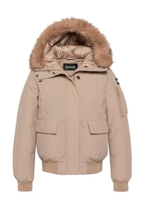 Veste d'hiver beige avec capuche doublée en fourrure, fermeture éclair frontale et boutons-pression, deux poches avant à rabat, poignets et ourlet côtelés, et poche zippée sur la manche.