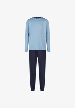 Herren-Zweiteiler-Loungewear-Set mit hellblauem Langarmoberteil und dunkelblauen Hosen mit elastischen Bündchen auf weißem Hintergrund.