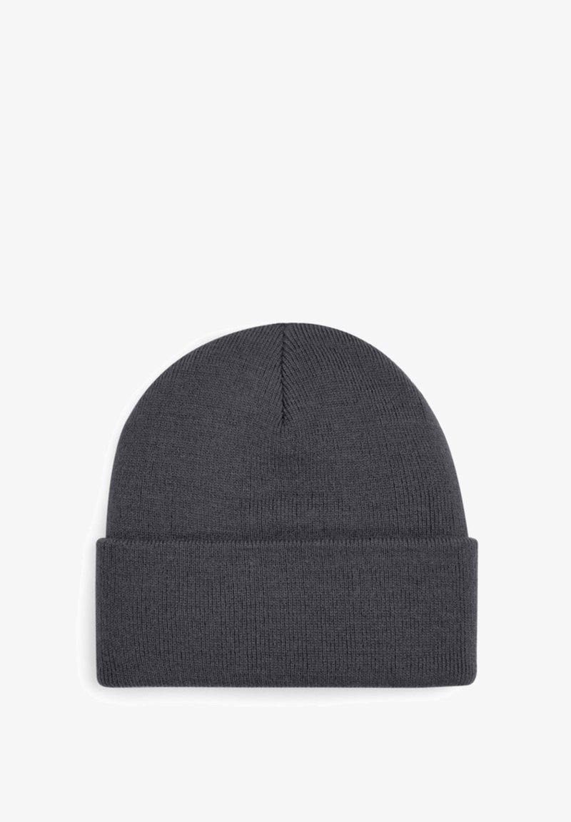 Graue gestrickte Mütze mit umgeschlagenem Bund, die aus strukturiertem Stoff besteht und eine abgerundete Oberseite hat, entworfen für Wärme und Komfort.