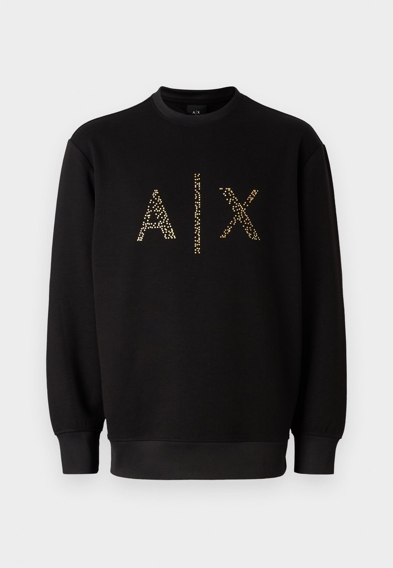 Schwarzer Sweatshirt mit Rundhalsausschnitt, auf der Vorderseite mit goldglänzendem Schriftzug "AIX". Elastische Bündchen und Saum. Weiches Baumwollmaterial.