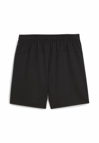 Sorte atletiske shorts med elastisk talje, glat tekstur og ingen synlige logoer eller mønstre. Simpelt design, lige snit.