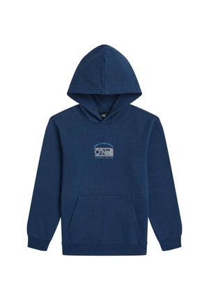 Felpa con cappuccio blu navy in cotone, con tasca frontale e logo grafico con testo sul petto. Tessuto liscio, design casual.