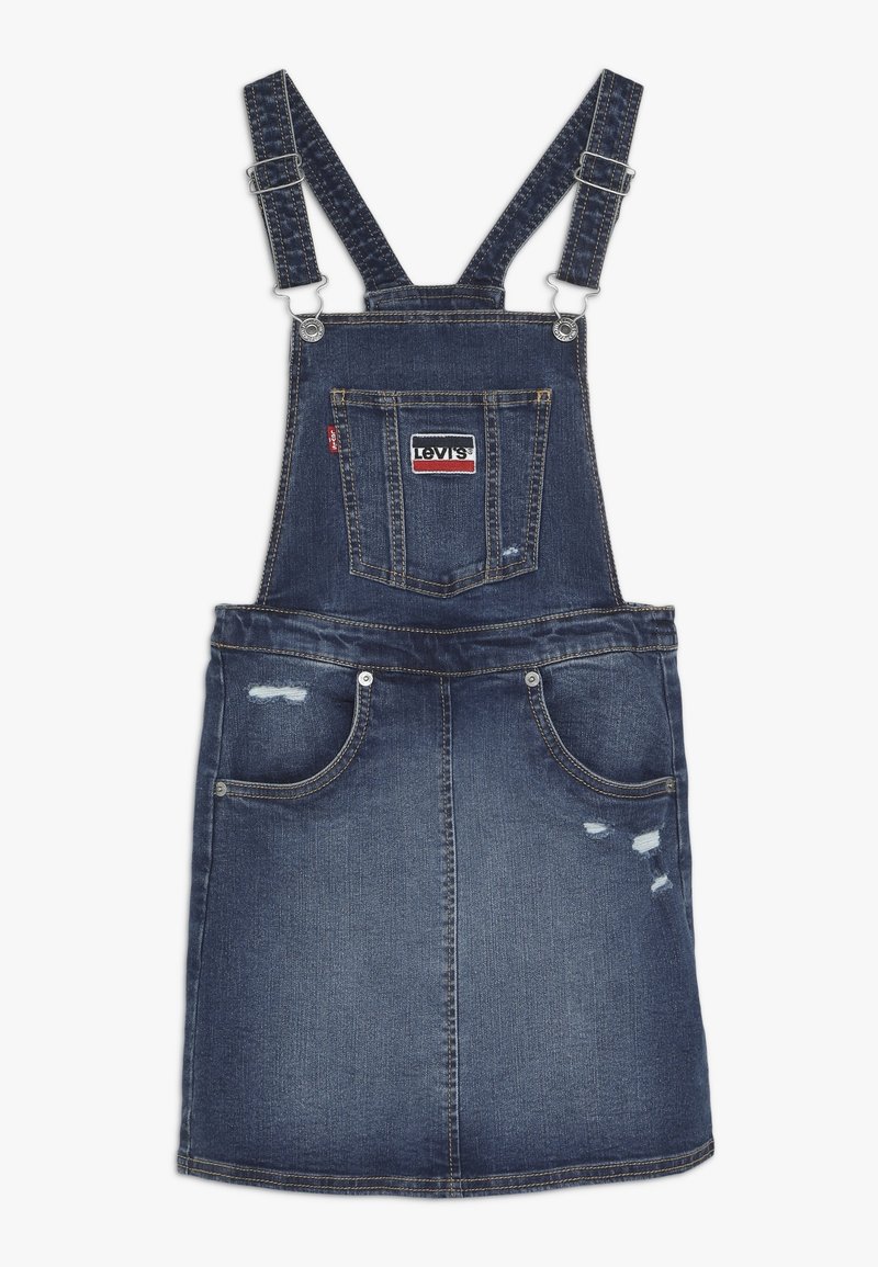 Vestito in denim blu scuro, con spalline regolabili, una tasca frontale e dettagli scoloriti sulla gonna.