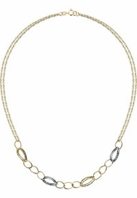 Halskette aus gold- und silberfarbenem Metall mit miteinander verbundenen ovalen Gliedern, die ein strukturiertes Design aufweist und aus zwei Kettensträngen besteht, gesichert mit einem Karabinerverschluss.