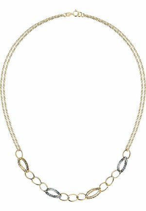 Halskette aus gold- und silberfarbenem Metall mit miteinander verbundenen ovalen Gliedern, die ein strukturiertes Design aufweist und aus zwei Kettensträngen besteht, gesichert mit einem Karabinerverschluss.