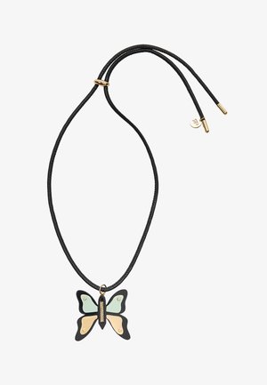 Naszyjnik na czarnym sznurku z zawieszką w kształcie motyla, posiadający sekcje w kolorach mięty, kremowym i czarnym, ozdobiony złotymi elementami i teksturowanym środkiem.