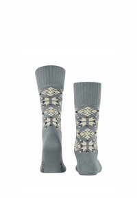 Grau gestrickte Socken mit einem geometrischen Muster in Creme und Burgunderrot. Mit einem gerippten Bund und einer glatten Textur. Maschinenwaschbare Materialien.