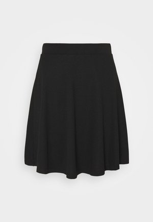 Jupe noire longueur genou, coupe évasée en A, avec taille ajustée et légère évasement, présentée sur fond blanc uni.