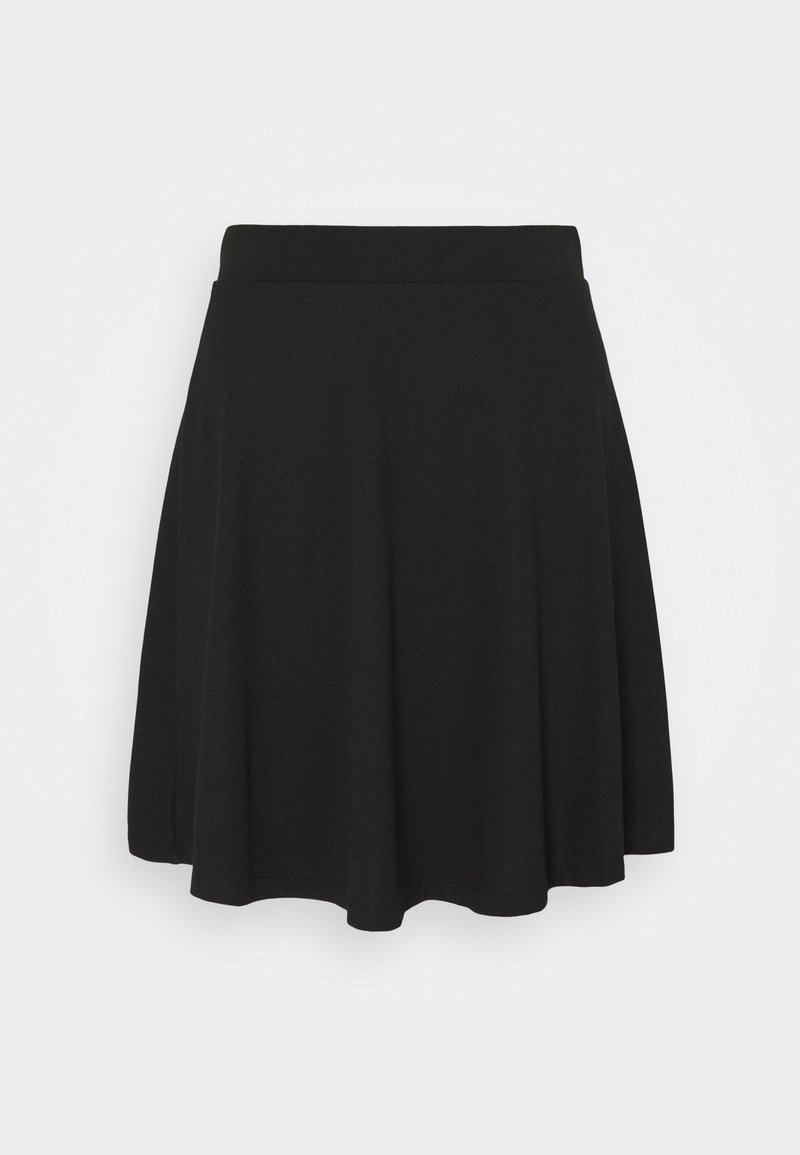 Jupe noire longueur genou, coupe évasée en A, avec taille ajustée et légère évasement, présentée sur fond blanc uni.
