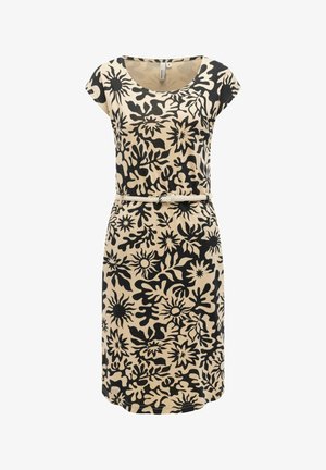 Beżowa sukienka do kolan z krótkimi rękawami typu "cap sleeves", czarny abstrakcyjny kwiatowy wzór, okrągły dekolt i cienki pleciony pasek w talii.