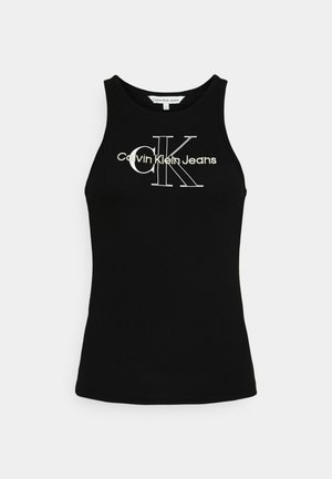 Czarny top na ramiączkach z logo "Calvin Klein Jeans" na dużych literach "CK" z przodu, z okrągłym dekoltem i dopasowanym krojem.