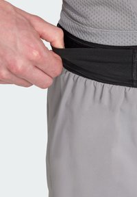 Gray athletic shorts with a black elastic waistband, featuring a hand grasping the waistband. Smooth texture with a gathered hem.