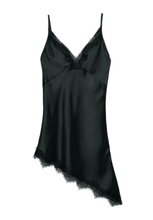Sort satin camisole med tynde stropper, en V-udskæring og blonde detaljer langs udskæringen og asymmetrisk kant. Glat tekstur, elegant design.