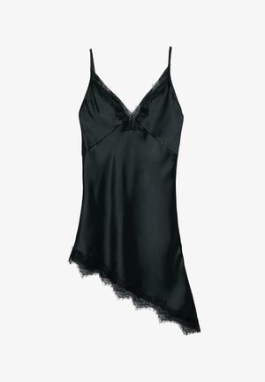 Camisole en satin noir avec fines bretelles, encolure en V et détails en dentelle le long du décolleté et de l'ourlet asymétrique. Texture lisse, design élégant.