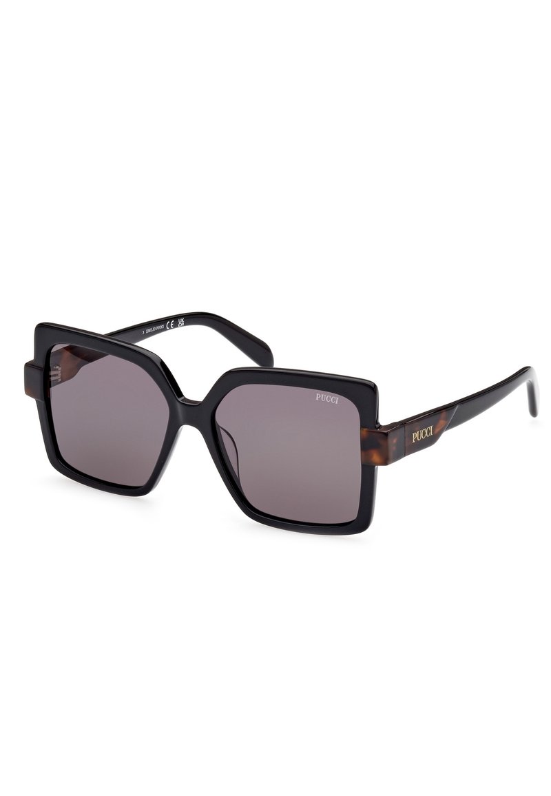 Schwarze quadratische Sonnenbrille mit gradienten grauen Gläsern und Schildpatt-Akzenten. Auffälliges geprägtes Logodesign am Bügel. Kühnes geometrisches Design.