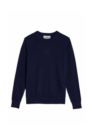 Marineblauer Langarm-Pullover mit Rundhalsausschnitt, mit gerippten Bündchen und Saum, auf weißem Hintergrund dargestellt.