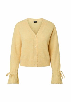 Cardigan en tricot jaune avec col en V, fermeture boutonnée et manches évasées texturées ornées de détails en dentelle et de liens aux poignets.