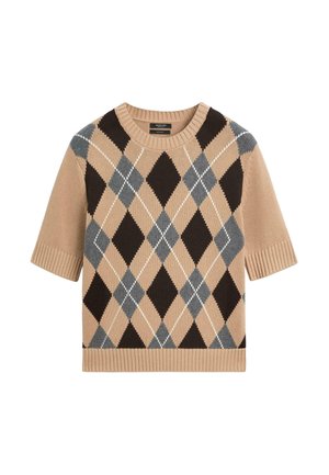 Beige striktrøje med korte ærmer, sort og gråt argyle-diamentmønster samt ribstrikket halsudskæring, manchetter og kant.