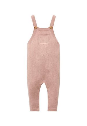 Salopette rosa lavorata a maglia con spalline e due bottoni. Presenta una piccola tasca anteriore e un motivo testurizzato su tutto il capo.