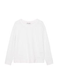 Felpa bianca a maniche lunghe con scollatura rotonda, spalle scese e vestibilità rilassata. Presenta polsini e orlo a costine; design semplice e pulito.