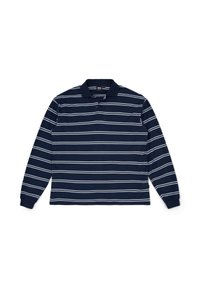 Long-sleeve polo shirt in navy with white horizontal stripes, featuring a classic collar and three-button placket. Soft fabric texture.