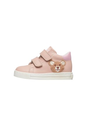 Pink leather sneakers featuring bear face embroidery, two Velcro straps, and a white rubber sole with textured patterns.