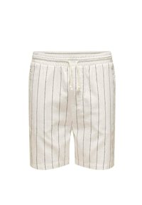 White shorts made of a lightweight fabric featuring thin black vertical stripes, elastic waistband with drawstring, and side pockets.