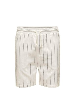White shorts made of a lightweight fabric featuring thin black vertical stripes, elastic waistband with drawstring, and side pockets.