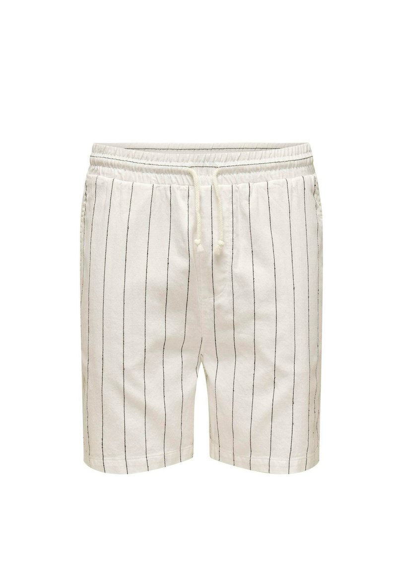 White shorts made of a lightweight fabric featuring thin black vertical stripes, elastic waistband with drawstring, and side pockets.