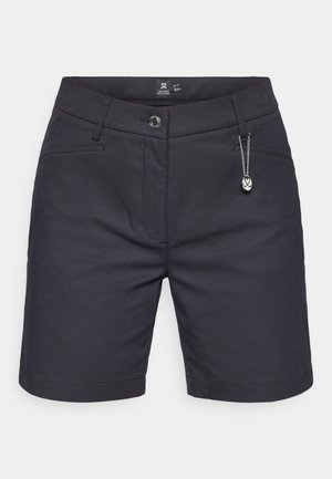 Tamsiai pilki šortai, pagaminti iš lygaus, elastingo audinio. Ypatybės: prasminiai kišeniai, mygtukų uždarymas ir dekoratyvinė grandinėlė.