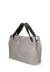 Borsa a tracolla grigia tessuta con due manici in pelle nera e occhielli metallici argentati. Presenta una superficie strutturata e una forma rettangolare.