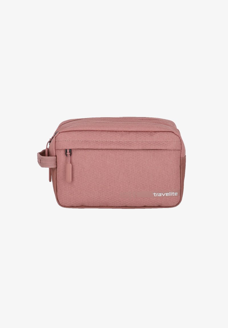 Borsa da viaggio per articoli da toeletta rosa con tessuto testurizzato, doppie cerniere, tasca frontale e manico laterale, con logo stampato nella parte inferiore.