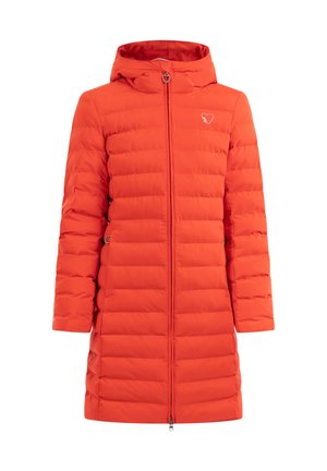 Orange polstret lang frakke med hætte, der har lynlås lukning, sidelommer og et lille logo på den øverste venstre side. Glat tekstur.