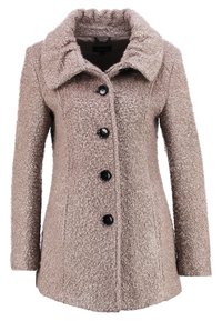 Taupe tekstureret frakke til kvinder i uldblanding med bred krave og sorte knapper ned foran, lange ærmer og en lige kant.