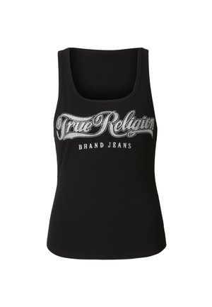 Haut débardeur noir sans manches en tissu côtelé, avec un texte en strass argenté : "True Religion Brand Jeans" sur le devant.