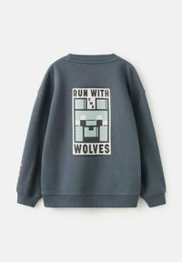 Mikina ve tmavě šedé barvě s volným střihem. Na zádech je velký grafický potisk s nápisem "BĚŽ S VLKY" v bílé a světle modré barvě.