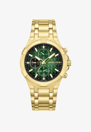 Gouden metalen chronograaf horloge met een groene gestructureerde wijzerplaat, drie subwijzers, zwarte bezel en opvallende uurmarkeringen. Bevat "POLICE" branding.
