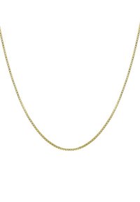 Gouden ketting met een vlak, rechthoekig schakeldesign. Gladde textuur en glanzende afwerking, met gelijkmatige schakels voor een strakke uitstraling.