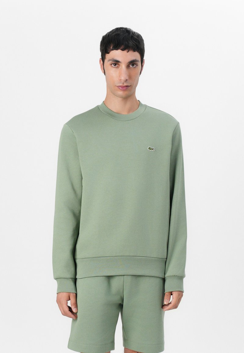 Grüner Baumwoll-Sweatshirt mit Rundhalsausschnitt und gerippten Bündchen, mit einem kleinen Logo auf der Brust, kombiniert mit passenden Shorts.