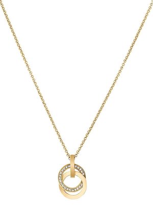 Collier chaîne en or avec deux pendentifs circulaires entrelacés, un simple en or et un en or avec de petites pierres claires.