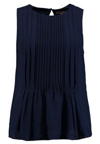 Haut bleu marine sans manches avec des plis verticaux et un bas évasé. Présente un col rond et une fermeture goutte d'eau à l'arrière.