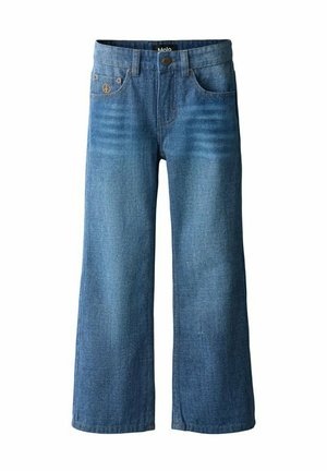Jeans blu a gamba larga con tasche frontali, passanti per cintura, chiusura con bottoni e sottili dettagli slavati sulle cosce.