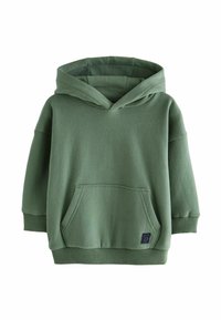 Hoodie vert en tissu doux, avec une poche avant, des poignets côtelés et une capuche confortable. Design simple et décontracté sans embellissements.