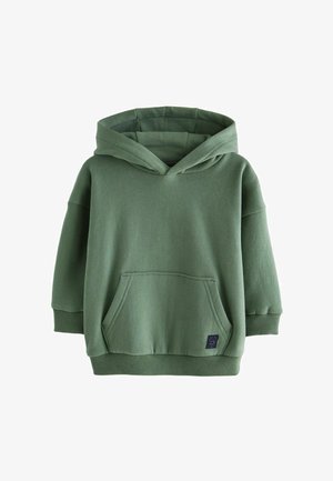 Groene hoodie gemaakt van zachte stof, met een voorzak, ribgebreide boorden en een comfortabele capuchon. Eenvoudig, casual ontwerp zonder versieringen.