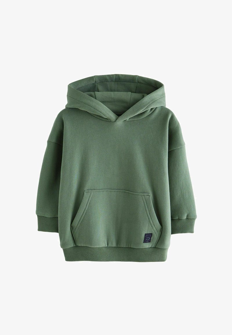 Grøn hoodie lavet af blødt stof, med en forlomma, ribbede manchetter og en behagelig hætte. Simpelt, afslappet design uden udsmykninger.