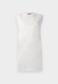 Balta piedurkņu kleita no mīksta auduma ar apaļu izgriezumu un dekoratīvām pērlīšu detaļām krūšu zonā.