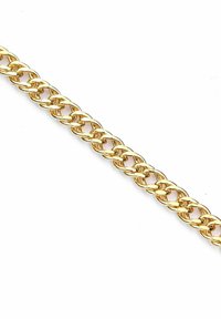 Zelta ķēdes aproce ar savienotajām saitēm, kas izceļas ar gludu tekstūru un spīdīgu apdari. Saites ir vienāda izmēra un tām ir konsekventa forma.