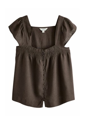 Tumši brūna linu blūze ar uzpūstām piedurknēm, kvadrātveida izgriezumu, savāktu pārsēju un priekšējo pogu aizdari.